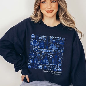 Delft Holland Sweatshirt The Netherlands South Holland European Vacation Amsterdam Dutch Gift Folk Art Europe Location Cottagecore Sweater Navy