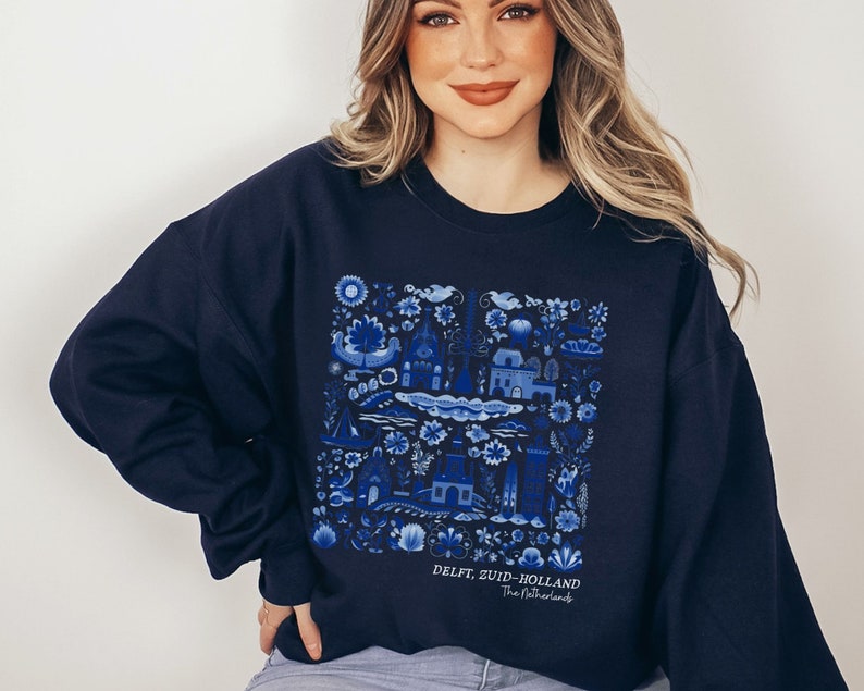 Delft Holland Sweatshirt The Netherlands South Holland European Vacation Amsterdam Dutch Gift Folk Art Europe Location Cottagecore Sweater Navy