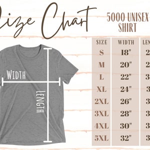 May include: Size chart for a unisex t-shirt, showing measurements in inches for width and length. Sizes range from S to 5XL.