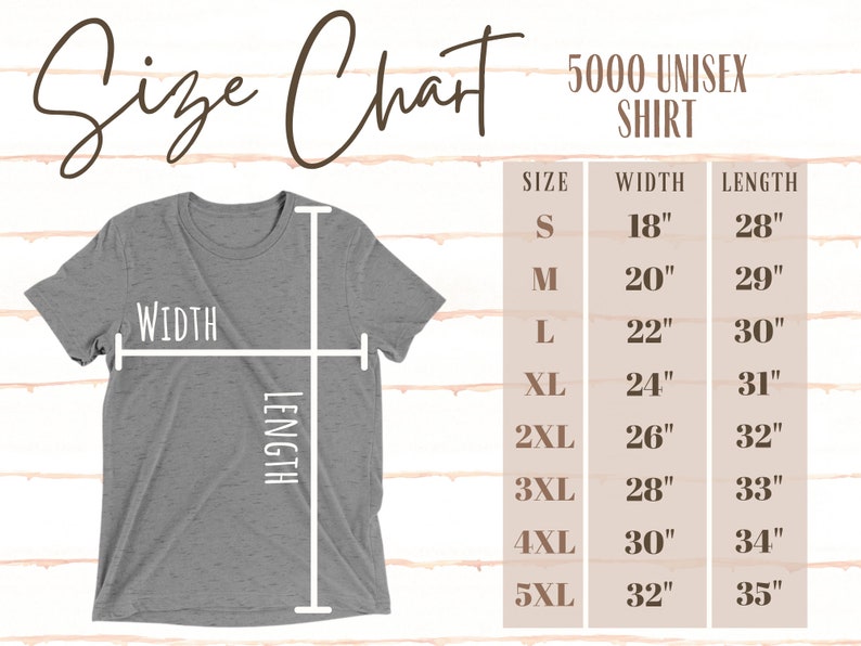 May include: Size chart for a unisex t-shirt, showing measurements in inches for width and length. Sizes range from S to 5XL.
