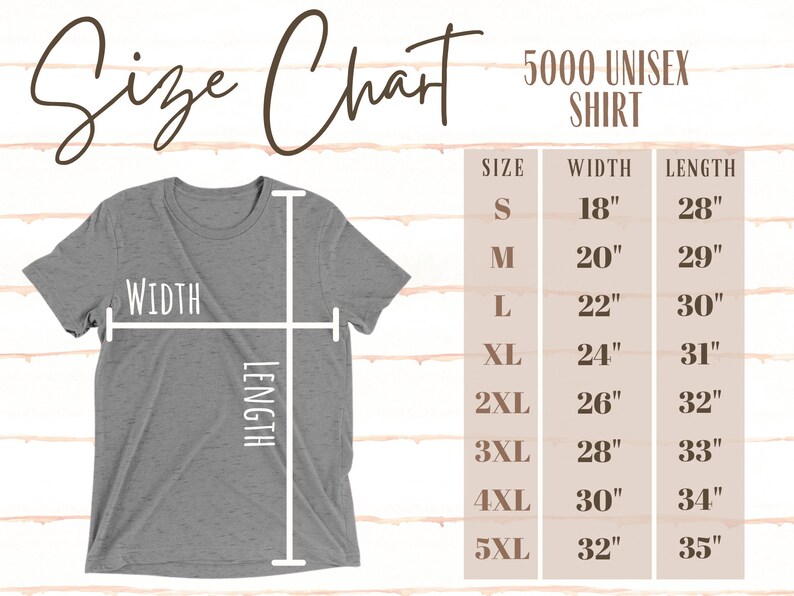 May include: Size chart for a unisex t-shirt, showing measurements in inches for width and length. Sizes range from S to 5XL.