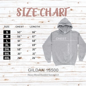 Op de afbeelding: Maattabel voor een Gildan 18500 heavy blend hooded sweatshirt. De tabel toont maten van S tot 4XL met bijbehorende borst- en lengtemaat in inches.