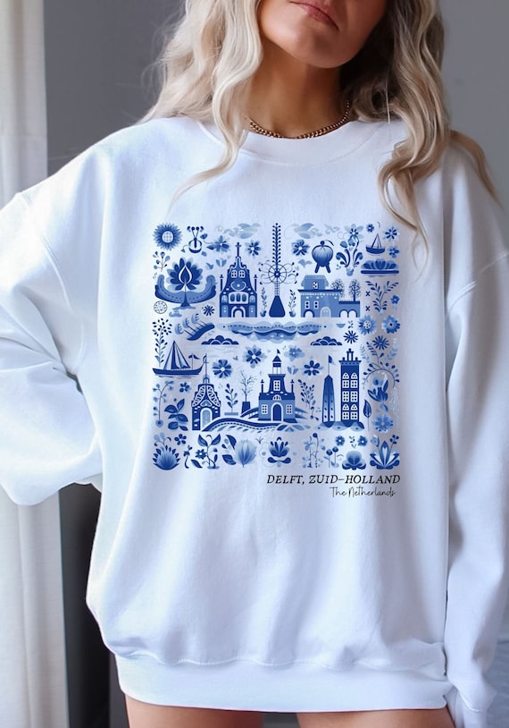 Delft Holland Sweatshirt The Netherlands South Holland European Vacation Amsterdam Dutch Gift Folk Art Europe Location Cottagecore Sweater