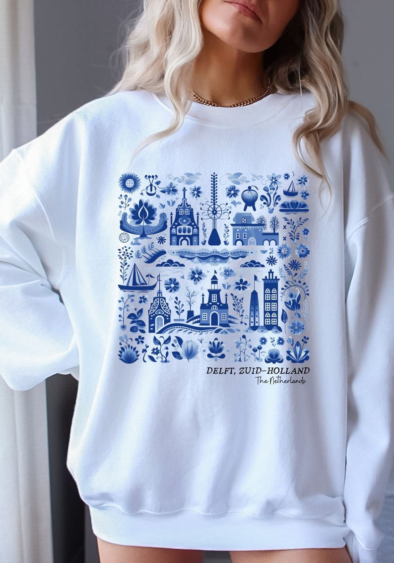 Delft Holland Sweatshirt The Netherlands South Holland European Vacation Amsterdam Dutch Gift Folk Art Europe Location Cottagecore Sweater White