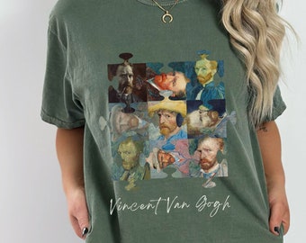 Może przedstawiać: Zielona koszulka z nadrukiem układanki przedstawiającej autoportrety Vincenta van Gogha. Pod układanką znajduje się napis "Vincent Van Gogh".