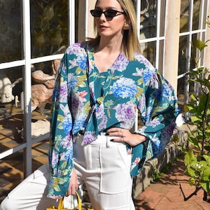 Floral Silk Shirt – 100% Italian Silk, Romantic Blouse with V-Neck and Ties, Elegant Loose Fit, Feminine Fit, Handmade Floral Shirt