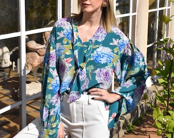 Floral Silk Blouse - V-Neck Relaxed Fit with Ties