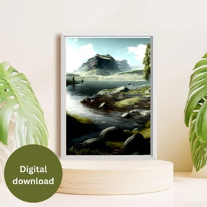 May include: A framed digital download print of a landscape scene. The artwork depicts a mountain range, a lake, and a shoreline with rocks and vegetation. The sky is blue with clouds. The print is displayed on a wooden pedestal.