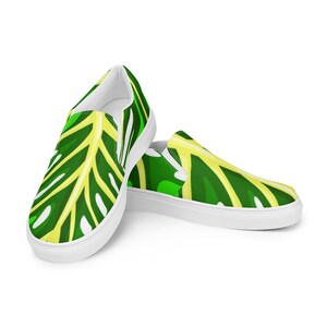 Green Monstera shoes, Plant lover footwear, Nature-themed footwear, Men’s slip-on canvas shoes