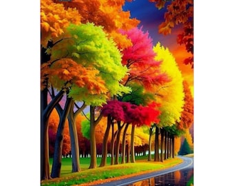 Crimson Curve Autumn Glowing Path Matte Vertical Poster | Colorful Fall Trees, Vibrant Landscape