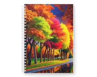 Rainbow Fall Landscape Spiral Notebook | Colorful Autumn Trees, Crimson Curved Path