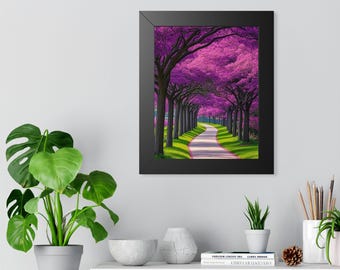 Purple Blossom Tree Pathway Framed Vertical Poster | Floral Landscape Wall Art