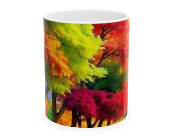 Crimson Curve Autumn's Glowing Path Autumn Trees Ceramic Mug | Colorful Fall Forest