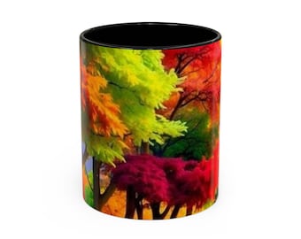 Crimson Curve Autumn s Glowing Path Colorful Autumn Trees Mug | Fall Leaves Landscape Accent Mug
