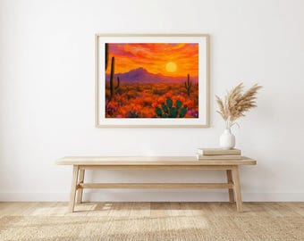 Desert Sunset Art Print | Warm Landscape Wall Decor |Framed Vertical Poster | Southwestern Landscape
