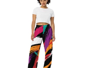 Abstract Geometric Colorful, Rounded Shapes, Geometric Colorful design, women's wide-leg pants