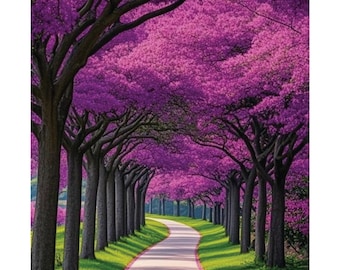 Purple Cherry Blossom Path Print, Japan Spring Landscape, Floral Wall Decor (Vertical)