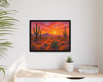 Desert Sunset Art Print | Warm Landscape Wall Decor|Matte Canvas, Framed (Multi-color)