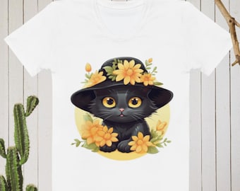 Black Cat, In Yellow Summer Hat With Flowers, black cat passion, Cartoon Style,Women's T-shirt