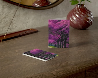 Purple Blossom Tree Path Greeting Card, Floral Landscape Nature Art