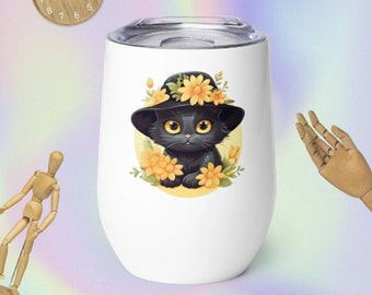 Black Cat, In Yellow Summer Hat With Flowers, black cat passion, Cartoon Style,Wine tumbler