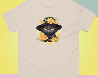 Black Cat, In Yellow Summer Hat With Flowers, black cat passion, Cartoon Style, Men's classic tee