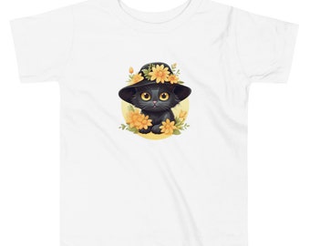 Black Cat, In Yellow Summer Hat With Flowers, black cat passion, Cartoon Style, Toddler Short Sleeve Tee