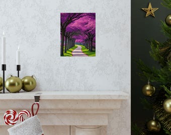 Purple Cherry Blossom Path Print, Japan Spring Landscape Wall Decor