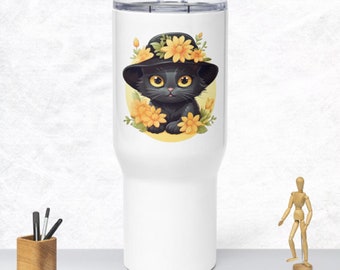 Black Cat, In Yellow Summer Hat With Flowers, black cat passion, Cartoon Style, Travel mug with a handle