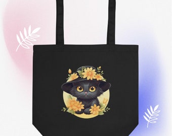 Black Cat In Yellow Summer Hat With Flowers, CatFashionista, SummerChicCats, SunnyCatStyle, Eco Tote Bag