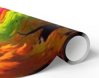 Crimson Curve Autumn Glowing Path Wrapping Paper | Rainbow Trees Fall Design