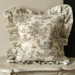 Grey & Ecru Toile de Jouy ruffle cushion cover. Invisible zipper closure. 100% cotton, handmade in France. Cushion cover only!