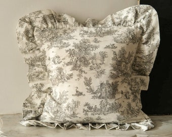 Grey & Ecru Toile de Jouy ruffle cushion cover. Invisible zipper closure. 100% cotton, handmade in France. Cushion cover only!