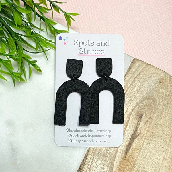 Black textured arch dangle earrings/ handmade earrings/ polymer clay