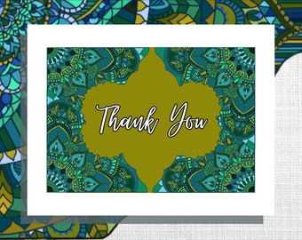 Tarjeta de agradecimiento verde, azul y dorada