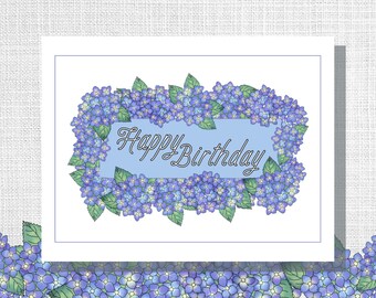 Tarjeta de cumpleaños con corona de hortensias