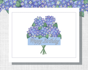 Tarjeta de cumpleaños con ramo de hortensias moradas