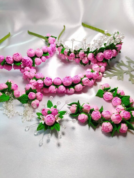 Pink peonies polymer clay Long earring Jewelry Flower Necklace Earrings Bracelet Brooch Hair band Designed Use Custom