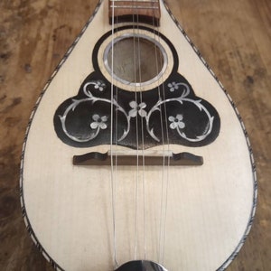 May include: A white wooden bouzouki with black and silver floral inlays. The instrument has six strings and a silver metal tailpiece.