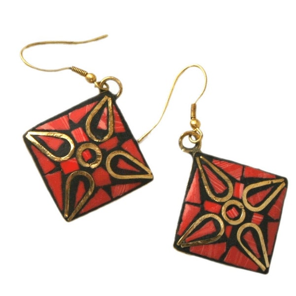 Mosaic Compass Rose Design, Hand-crafted, Fair Trade, Recycled Quads Earrings in Turquoise or Orange