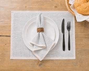 Cotton Striped Placemats Set of 4 | Hand Block Printed Kora Cotton Table Mats for Modern Farmhouse Dining | Fair Trade Housewarming Gift