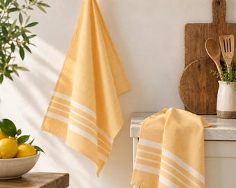 Set of 2 Handwoven Cotton Kora Kitchen Towels ~ Absorbent Lint Free Dish Towels ~ Fair Trade Striped Kitchen Gift ~ Kitchen Essentials