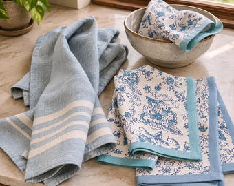 Handwoven Cotton Tea Towels and Block Printed Napkins Gift Set ~ Coastal Dining Textiles for Housewarming & Hostess Gift ~ Fall Decorating