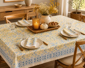 Bloom Wheat Cotton Tablecloth & Napkin Set ~ Hand Block Printed ~ Fall Table Decor ~ Thanksgiving Table Setting ~ Fair Trade Gift