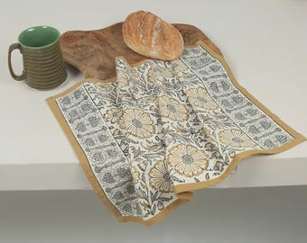Set of 2 Hand Block Printed Cotton Kitchen Towels ~ Floral Bloom Tea Towels ~ Oversized Block Print Towels for Farmhouse or Country House