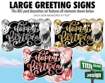 Silver, Gold & Rose Gold Large Happy Birthday Greeting Lawn Decorations, Sparkly Birthday Yard Signs, Yard Card Business Supply
