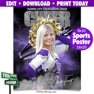 Sports Poster Edit Now Online • Print Today • Digital Download • Custom Sports Photos • Senior Day Night Poster • Rocked Cheer Template