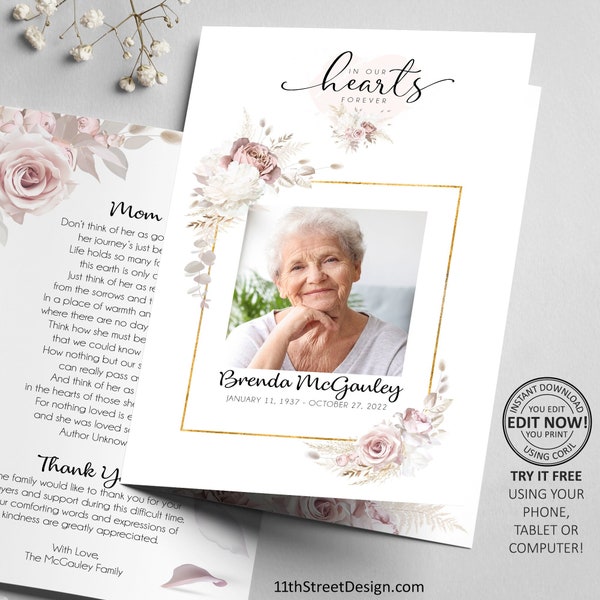 Funeral Program Template for Women, Obituary Template, In Loving Memory Memorial Program, Memorial Service Template, Celebration of Life