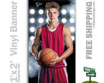 Custom-Printed Vinyl Basketball Banner, Weatherproof High School Senior Night Sports Poster, Personalized Team Photo Banners, Floodlights