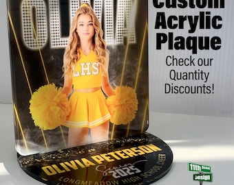 Trendy Cheer Senior Gift, Custom Acrylic Plaque with Photo & Personalized Base, Player Award, Unique Coach&#39;s Gift, Cheerleading Keepsake